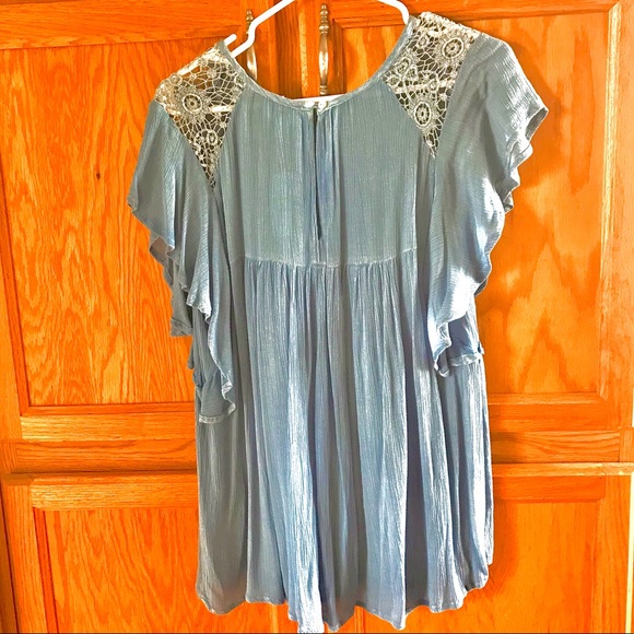 Dusty Blue Blouse with Lacey Shoulders Med. - Picture 2 of 5